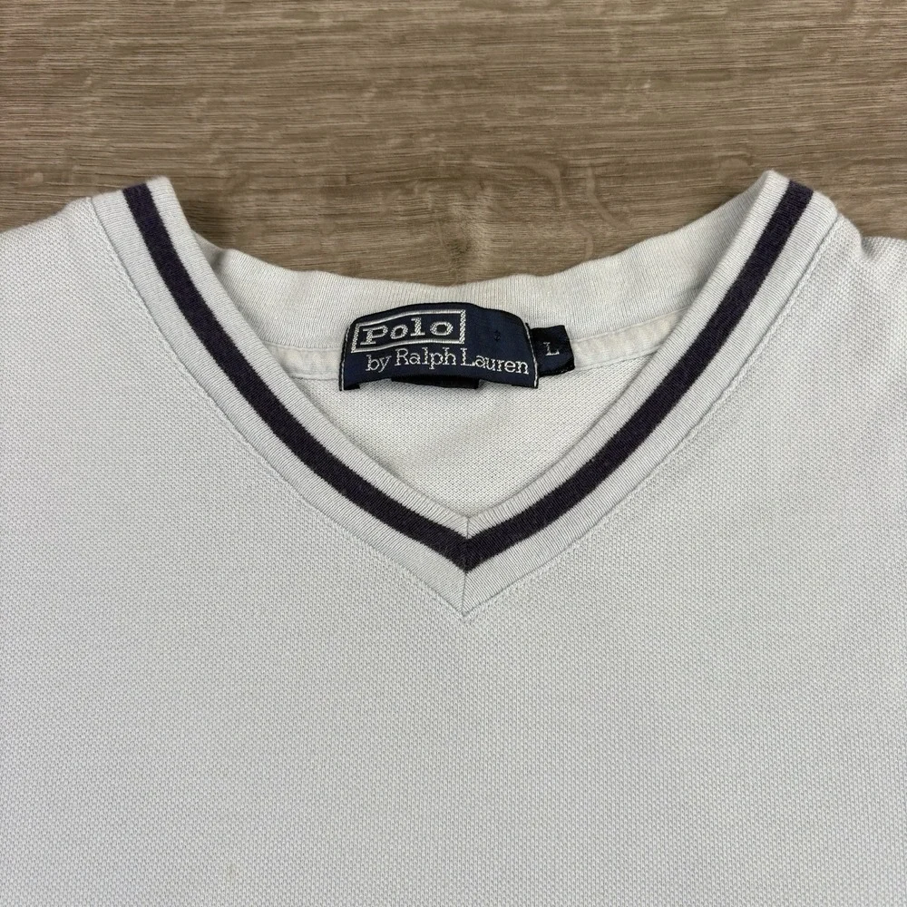 Polo Ralph Lauren Mens Size Large V-Neck Pique Ringer Shirt Light Blue Pony Y2K